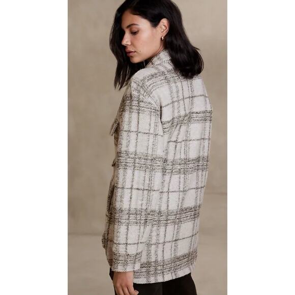 BANANA REPUBLIC Plaid Long Sleeve Shacket wool blend Women's Size XL Oatmeal NWT - Picture 2 of 16